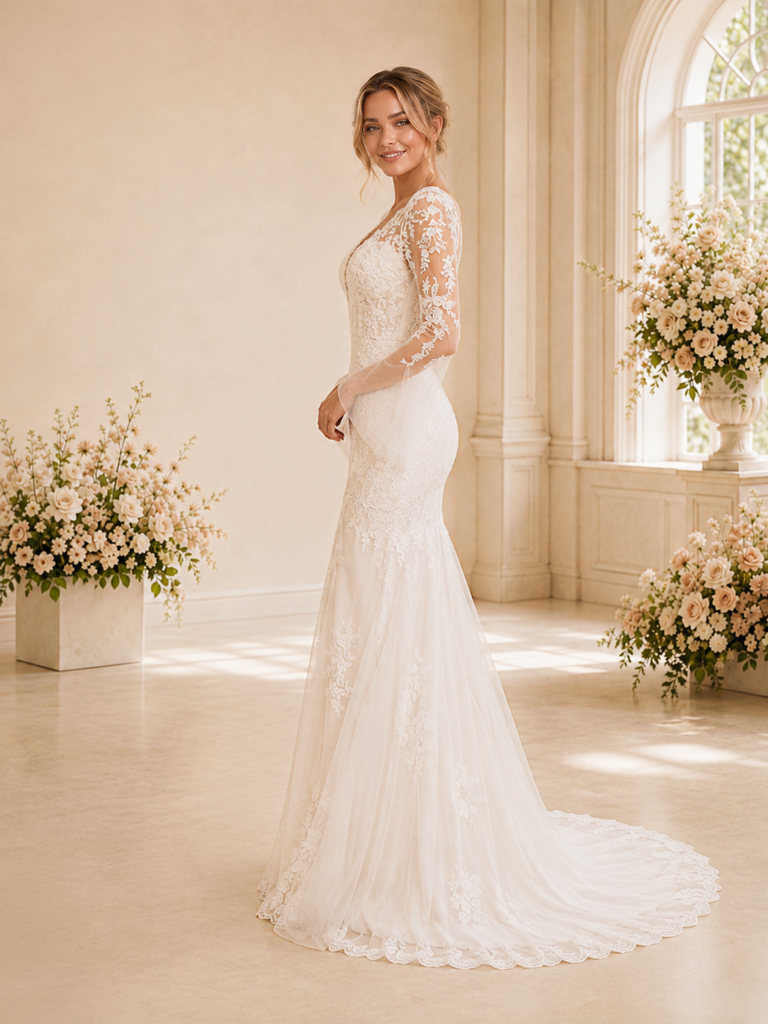 ChicSew Sexy V-Neck Mermaid Lace Applique Tulle Long Sleeves Maxi Wedding Dress