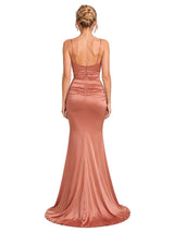 Chicsew Sexy Spaghetti Straps Cowl Neck Satin Unique Long Mermaid Bridesmaid Dresses