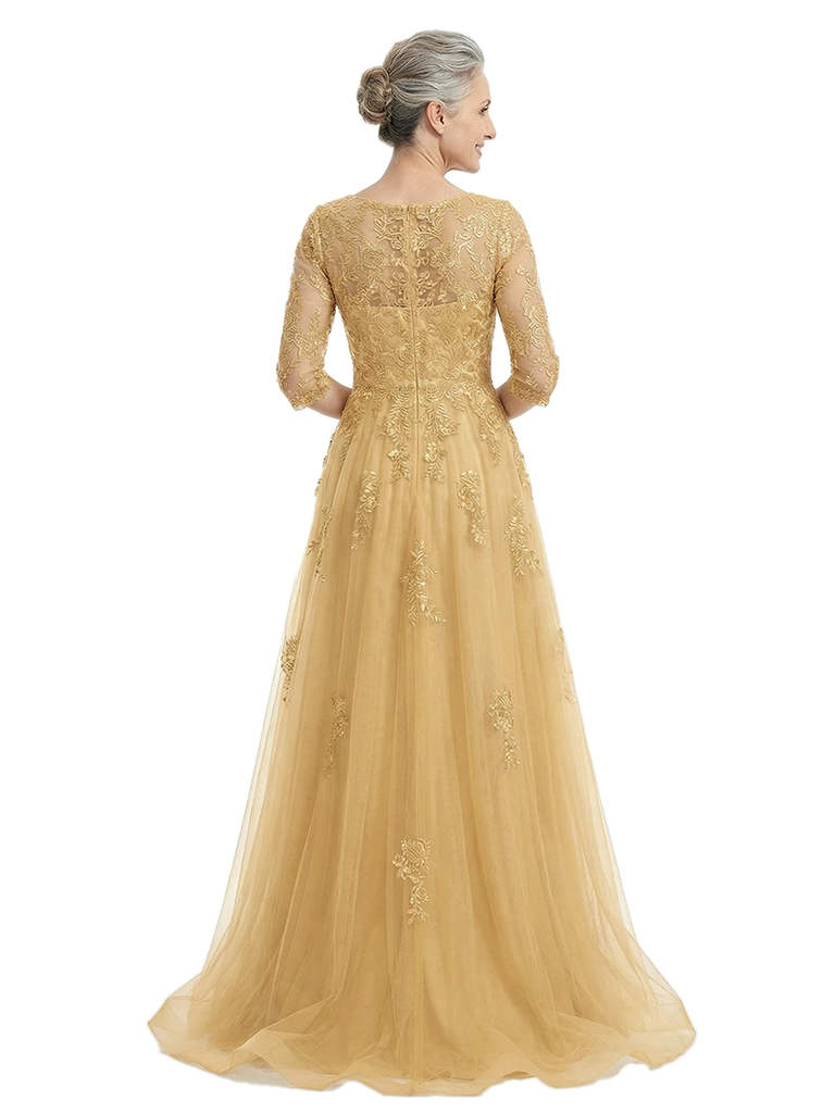 ChicSew Elegant V-Neck 3/4 Sleeves A-Line Mother Of The Bride Gown Lace Tulle Overlay