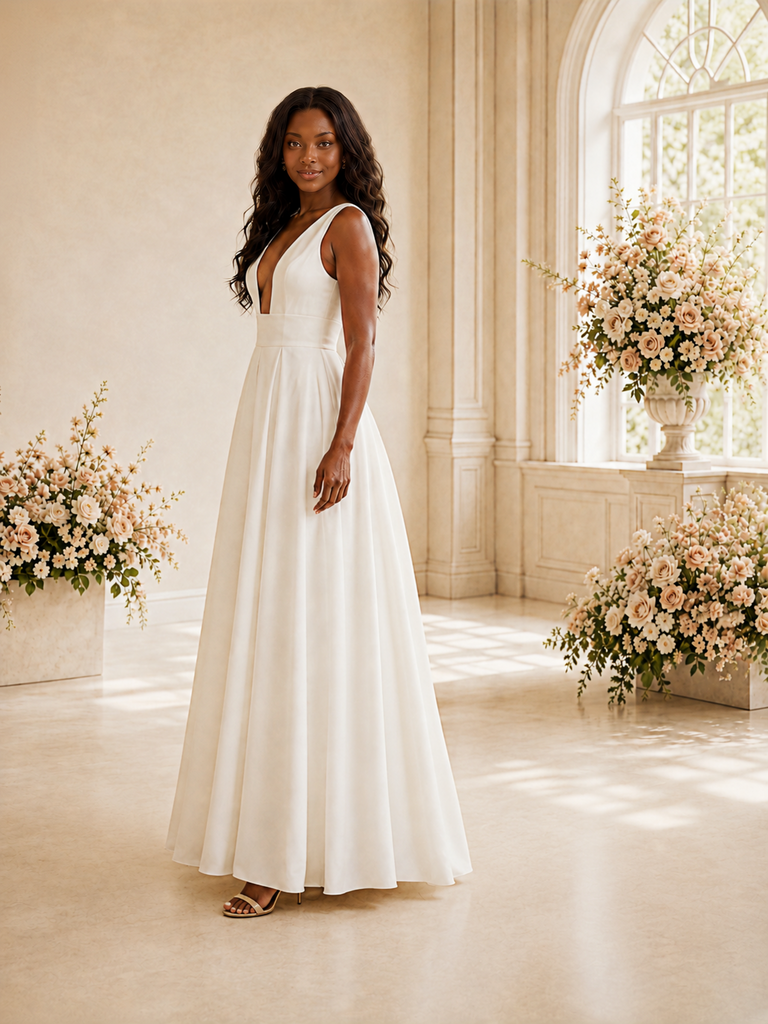 ChicSew Sexy Deep V-Neck Crepe A-Line Spaghetti Straps Floor-Length Wedding Dress