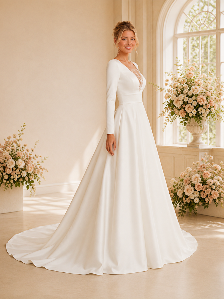 ChicSew Unique V-Neck Long Sleeves Satin A-Line Floor-Length Wedding Dresses With Lace