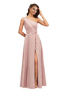 Elegant One Shoulder Side Slit Soft Satin A-Line Long Bridesmaid Dresses Online