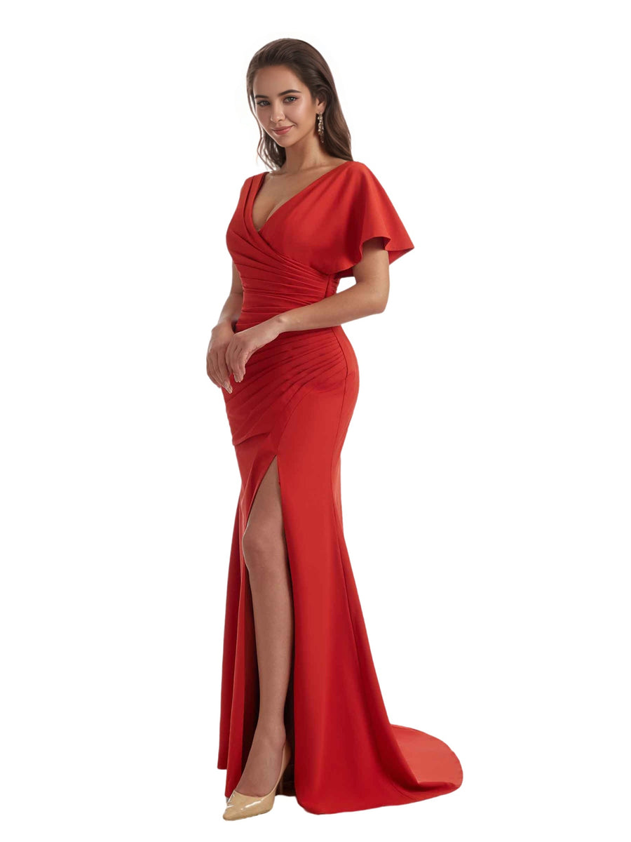 Sexy Asymmetric V-Neck Mermaid Side Slit Crepe Long Bridesmaid Dress For Wedding