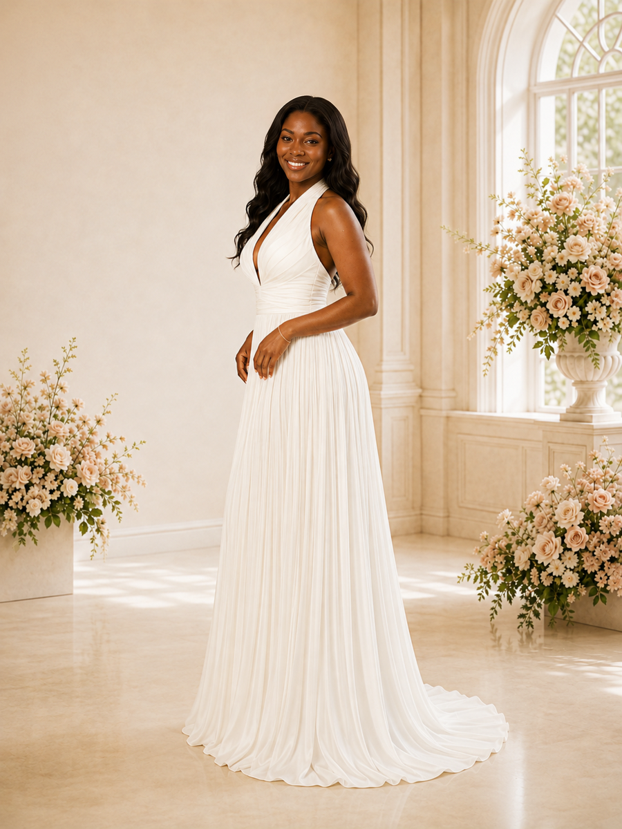 ChicSew Elegant Chiffon Halter A-Line Sleeveless Maxi Wedding Dress With Pleats