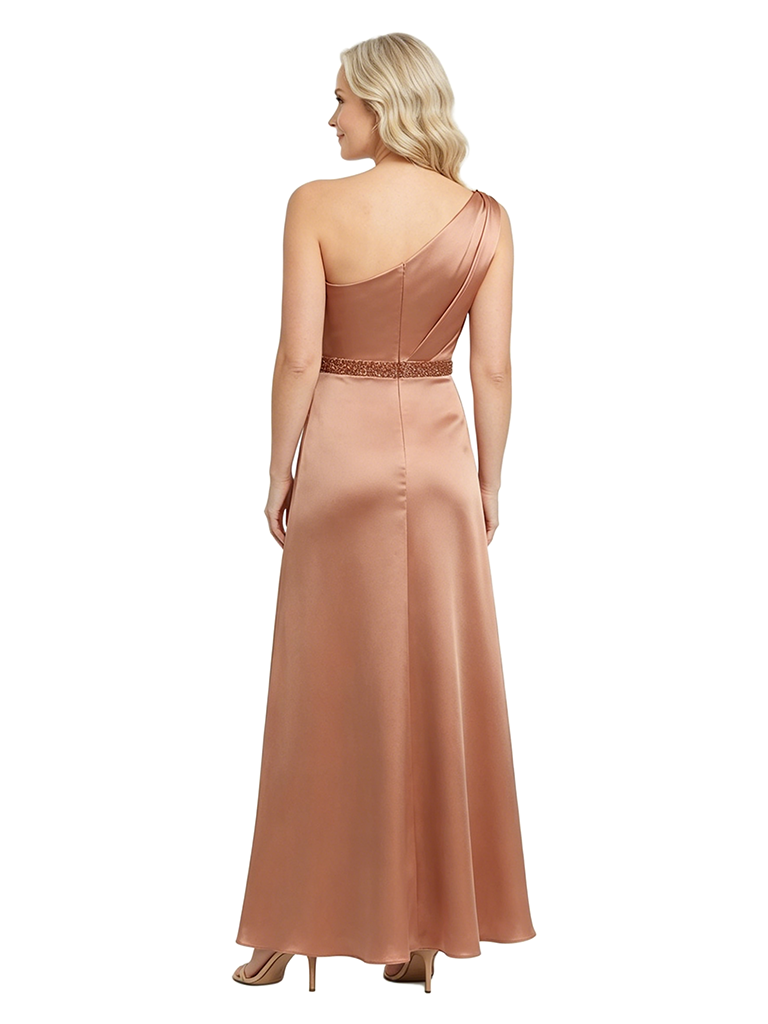 ChicSew One Shoulder Satin Ankle Length A-Line Mother of the Bride Dress With Beaded Waistband