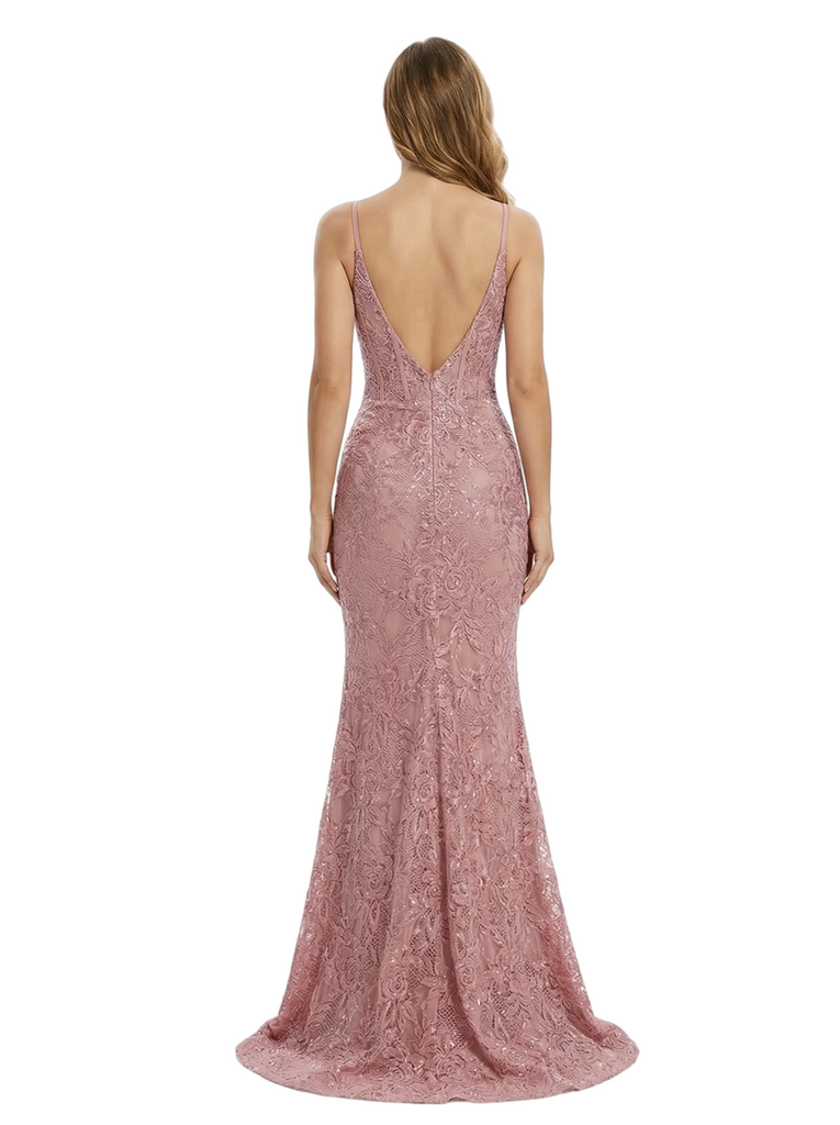 ChicSew Spaghetti Straps V-Neck Corset Sequin Side Slit Prom Dress Lace Mermaid Formal Evening Gown