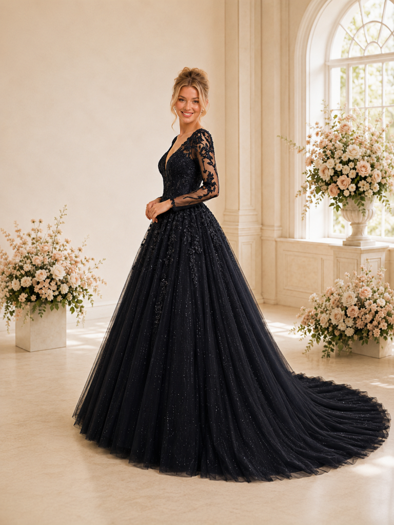 ChicSew Modern Deep V-Neck A-Line Long Sleeves Lace Tulle Floor-Length Wedding Dresses With Floral Applique