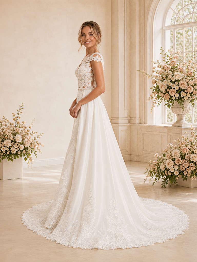 Chicsew Fancy Illusion Cap Sleeves Mermaid Lace Appliques Floor-Length Wedding Dress