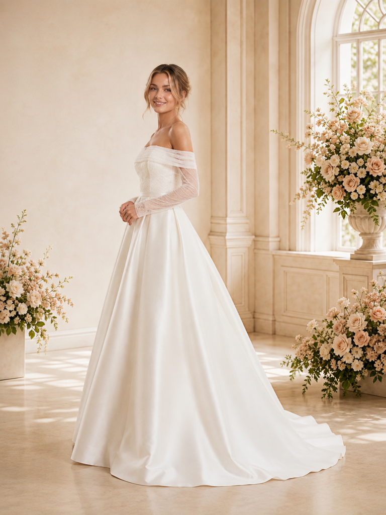ChicSew Classy Unique Off The Shoulder Long Sleeves Satin A-Line Maxi Wedding Dress With Lace
