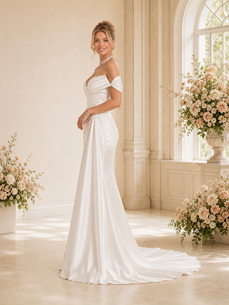 ChicSew Morden Classy Off The Shoulder Satin Mermaid Floor-Length Wedding Dress With Pleats