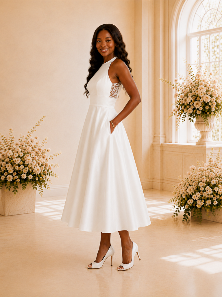 ChicSew Elegant Halter A-Line Satin Tea-Length Wedding Dress With Lace Appliques