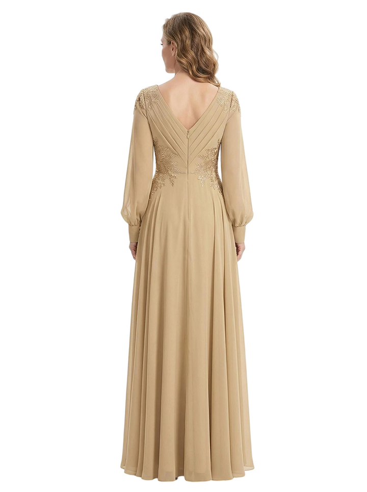ChicSew Long Sleeves V-Neck Lace Appliques Ruched Chiffon A-Line Mother Of The Groom Dress