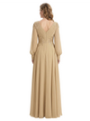 ChicSew Long Sleeves V-Neck Lace Appliques Ruched Chiffon A-Line Mother Of The Groom Dress