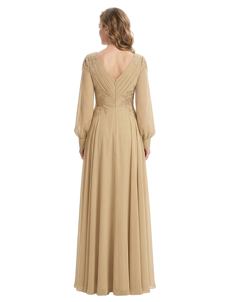 ChicSew Long Sleeves V-Neck Lace Appliques Ruched Chiffon A-Line Mother Of The Groom Dress