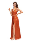Sexy V-Neck Soft Satin A-Line Side Slit Long Bridesmaid Dresses Online