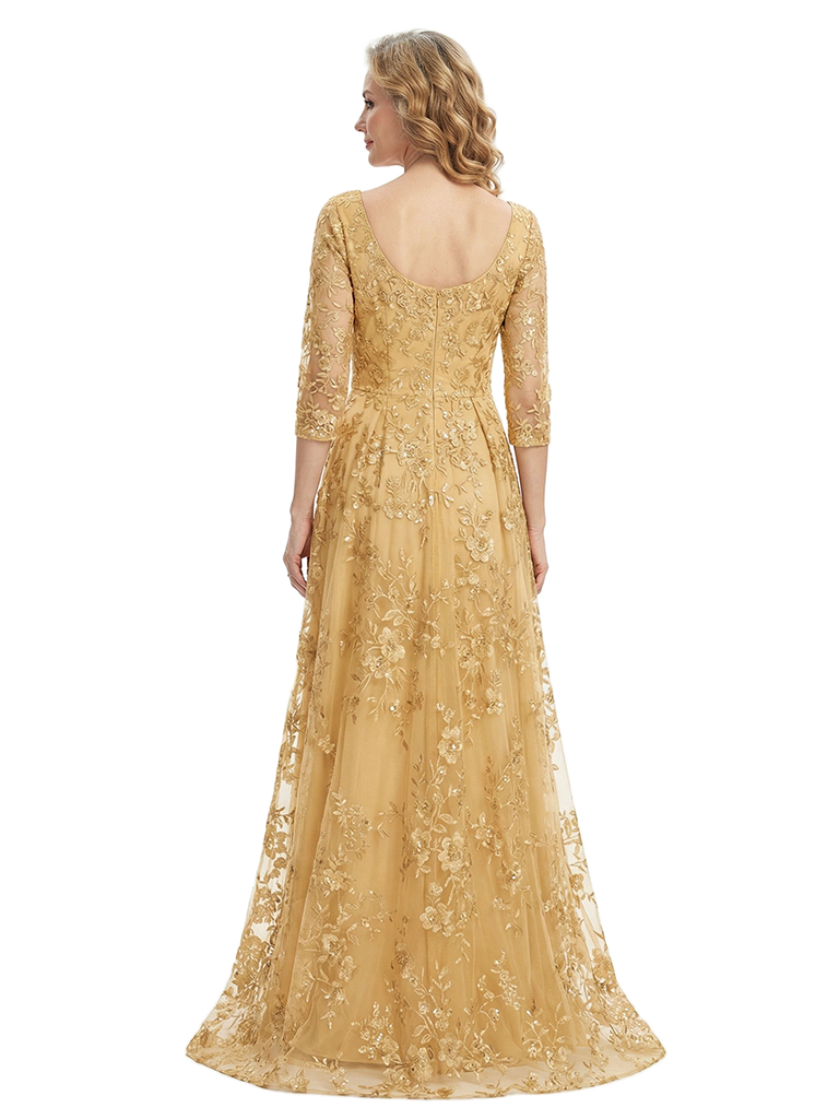 ChicSew Elegant Illusion 3/4 Sleeves A-Line Mother Of The Bride Gown Lace Tulle Overlay