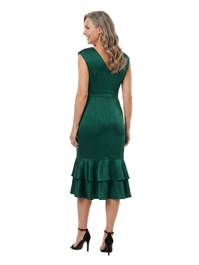 ChicSew V-Neck Sleeveless Satin Tea Length Sheath Dress With Tiered Ruffle Hem