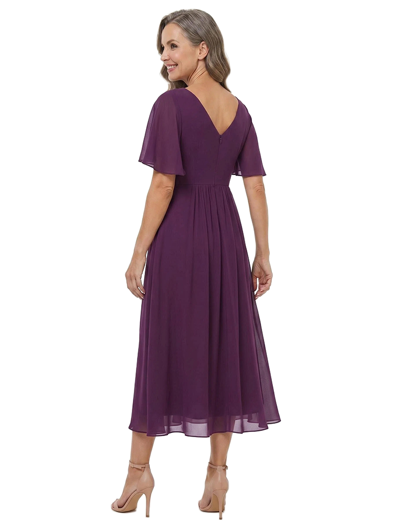 ChicSew V-Neck Flutter Sleeve Beaded Lace Applique Chiffon Tea Length A-Line Mother of the Bride Dress