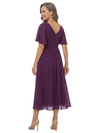 ChicSew V-Neck Flutter Sleeve Beaded Lace Applique Chiffon Tea Length A-Line Mother of the Bride Dress