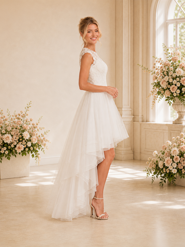 ChicSew Beautiful Illusion Cap Sleeves Lace Tulle A-Line High-Low Wedding Dresses