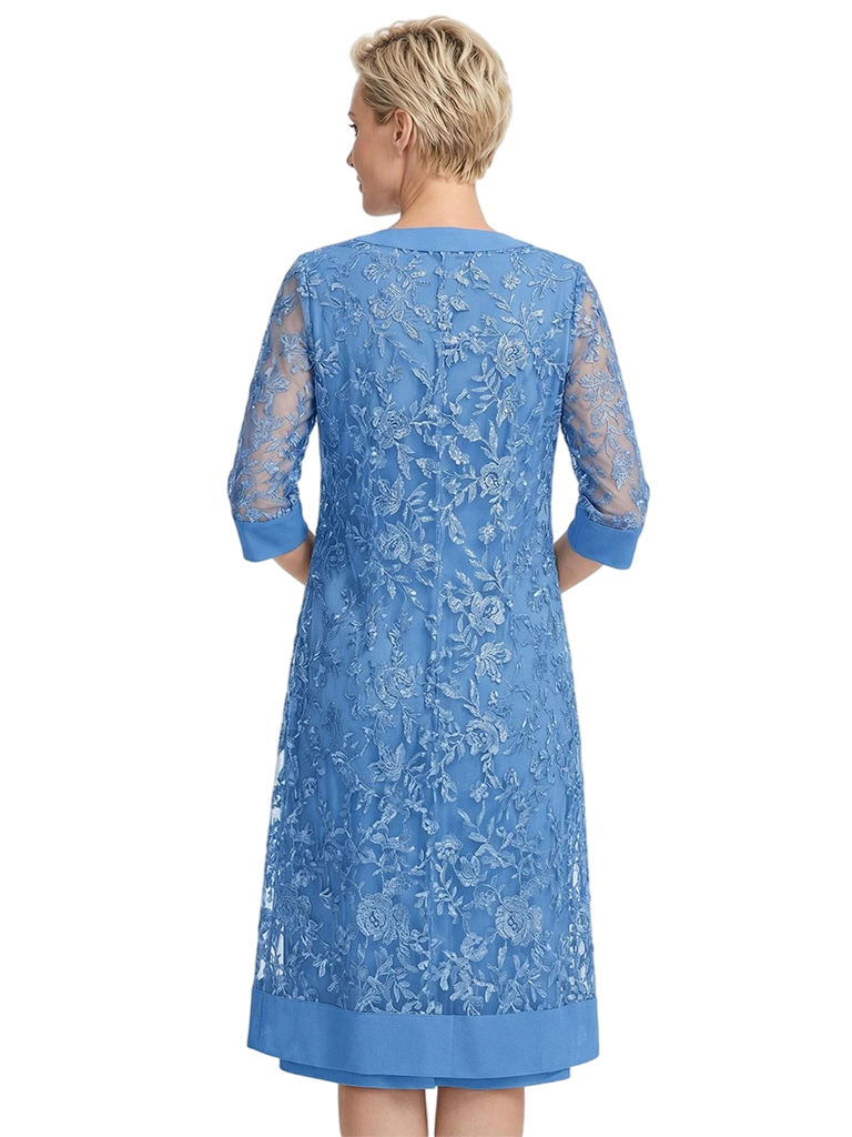 ChicSew Round Neck 3/4 Sleeve Lace Overlay Satin Dress Knee Length Satin Fancy Mother of the Bride Dresses