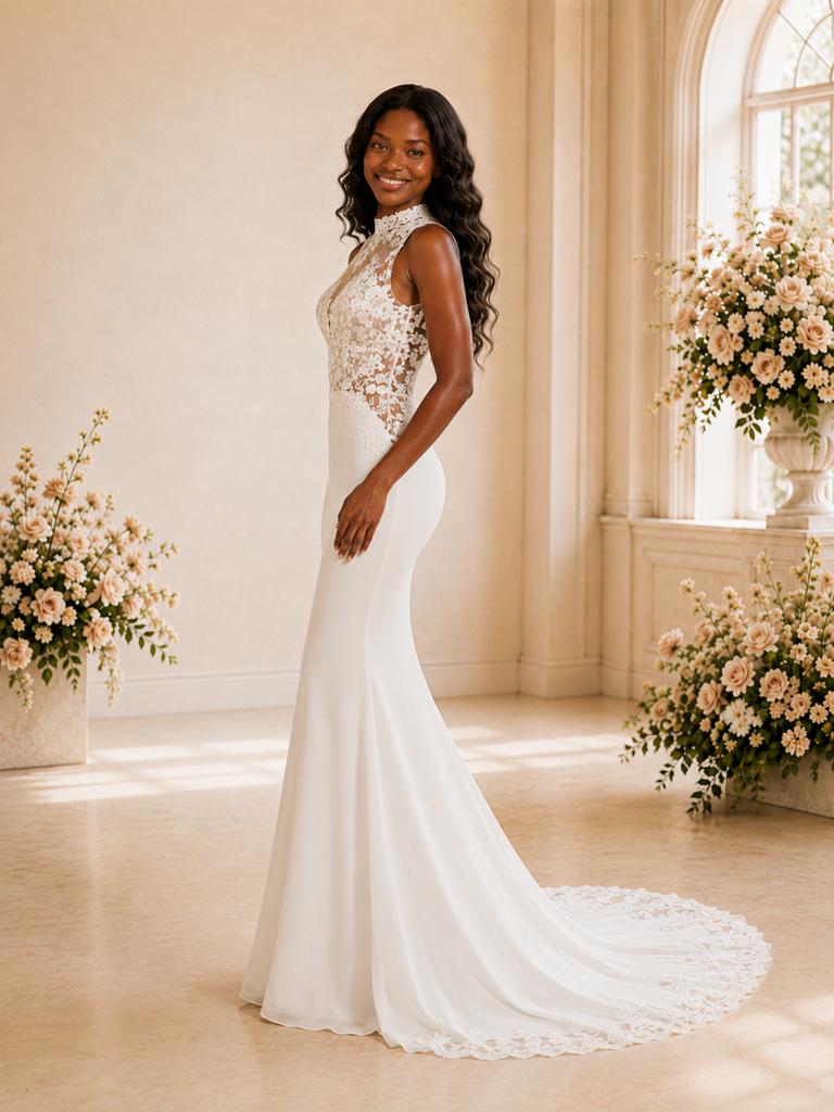 ChicSew Elegant High Neck Sleeveless Lace Appliques Crepe Long Mermaid Wedding Dress