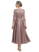 ChicSew V-Neck 3/4 Sleeve Satin Ruched Tea Length Elegant Mother of the Bride Dresses