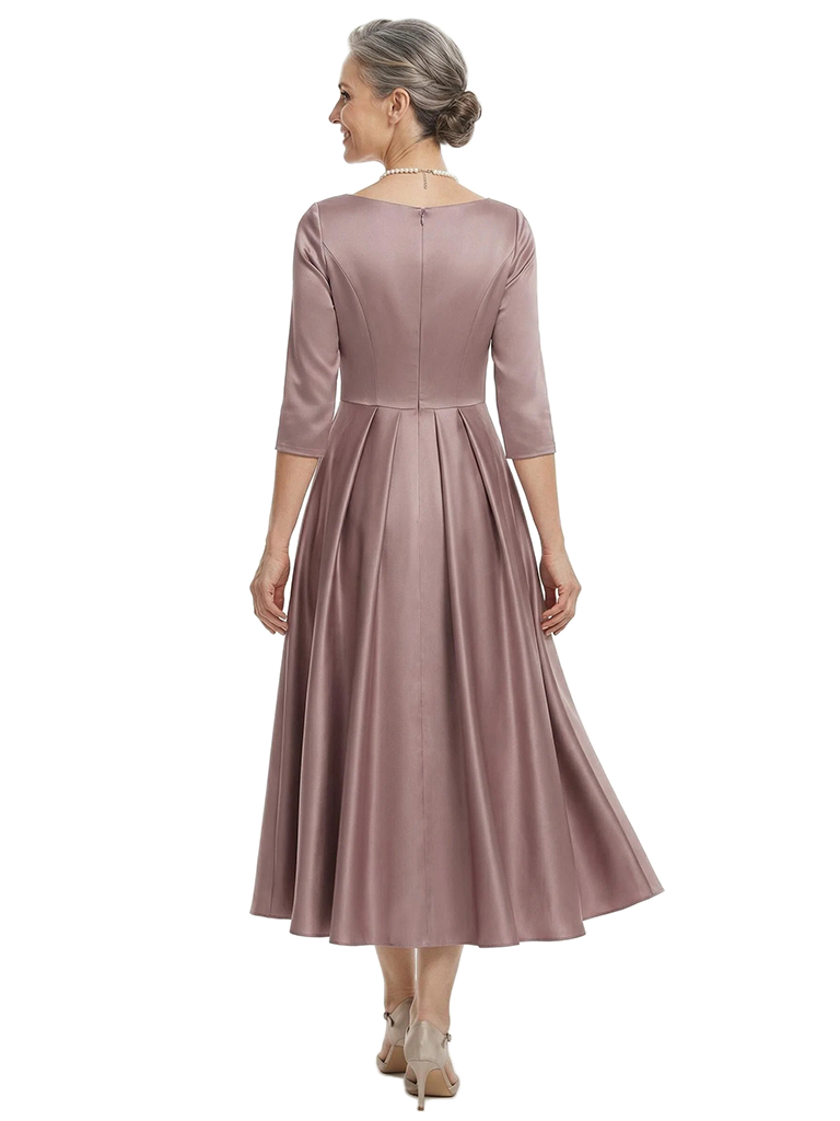 ChicSew V-Neck 3/4 Sleeve Satin Ruched Tea Length Elegant Mother of the Bride Dresses