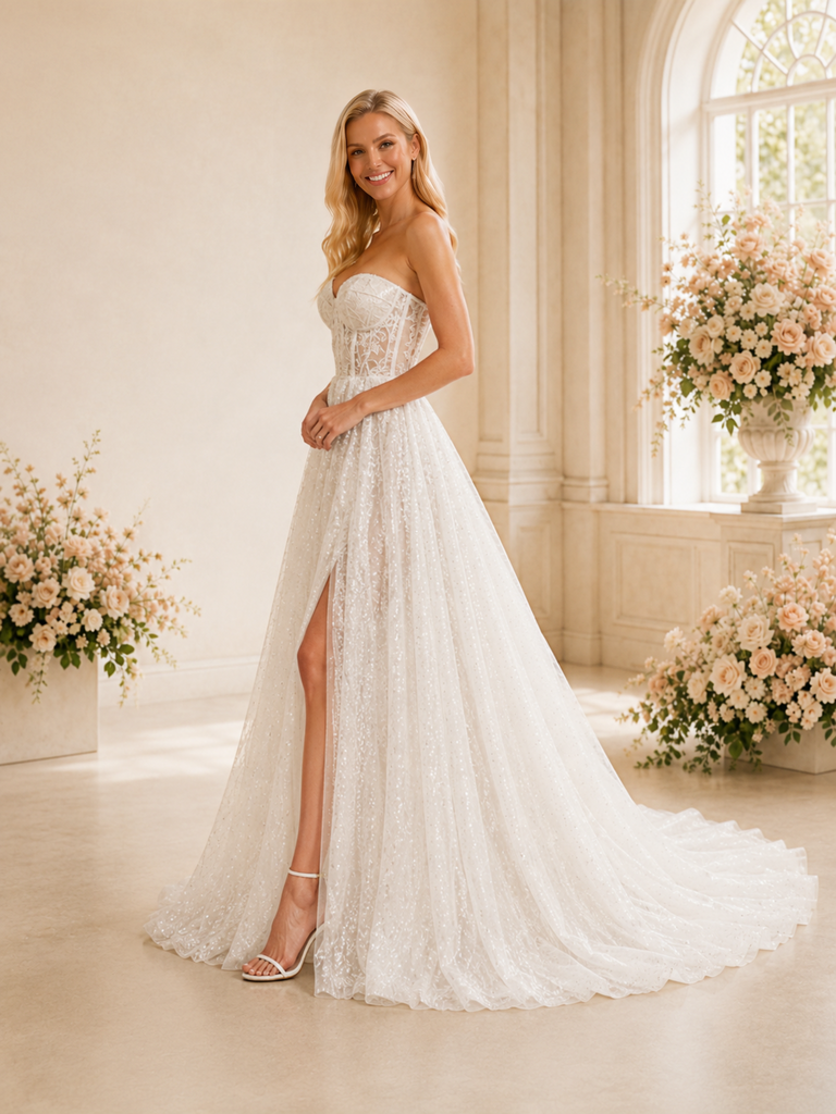 ChicSew Timeless Sweetheart A-Line Lace Tulle Boning Side Slit Floor-Length Wedding Dresses