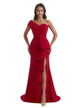 Sexy Mermaid Side Slit One Shoulder Crepe Long Bridesmaid Dress For Wedding