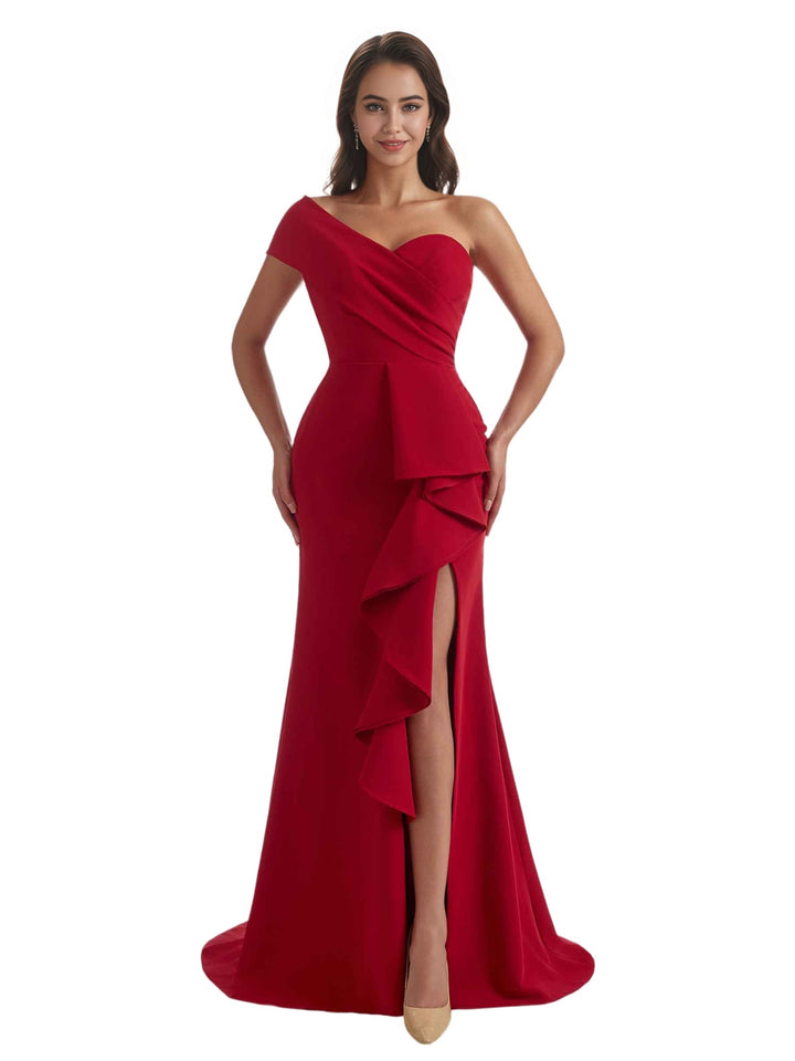 Sexy Mermaid Side Slit One Shoulder Crepe Long Bridesmaid Dress For Wedding