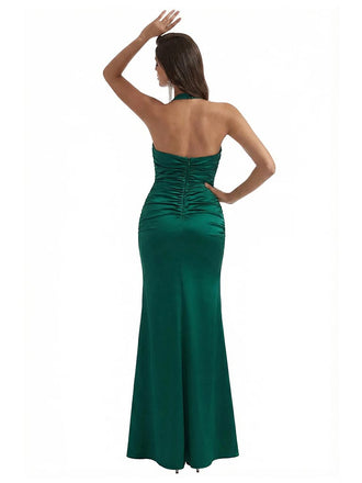 Sexy Halter V-Neck Side Slit Silky Satin Mermaid Long Evening Gown Dresses For Women