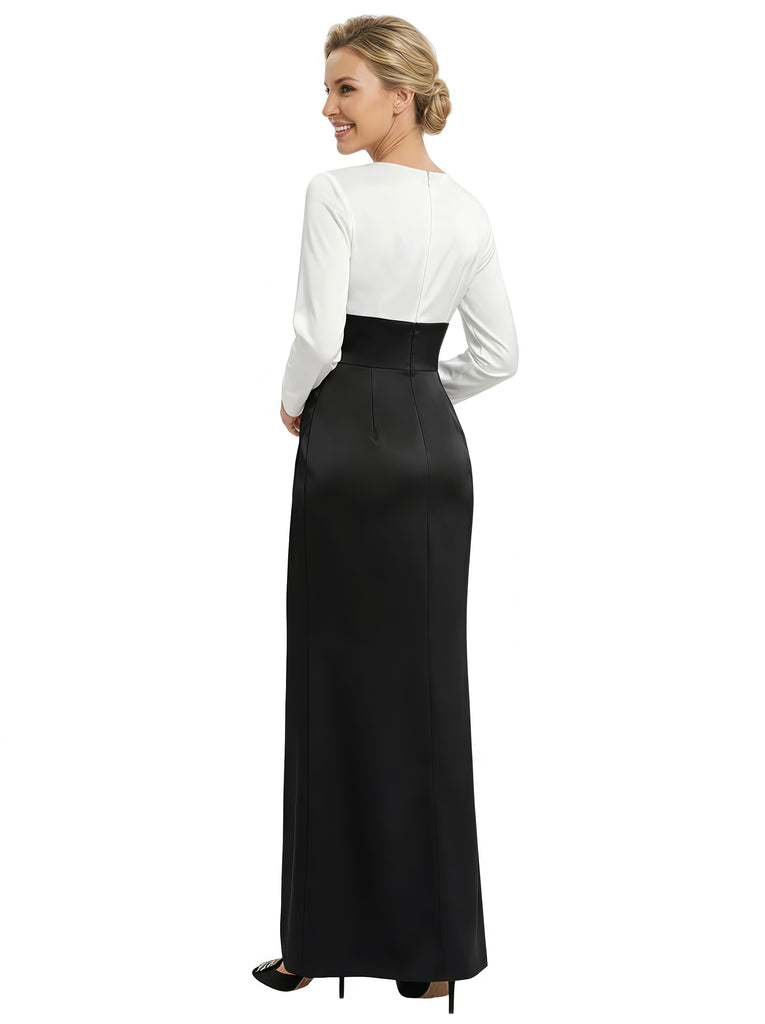 Elegant Black And White Satin Long Sleeves Asymmetrical Mermaid Long Mother Of The Bride Dresses