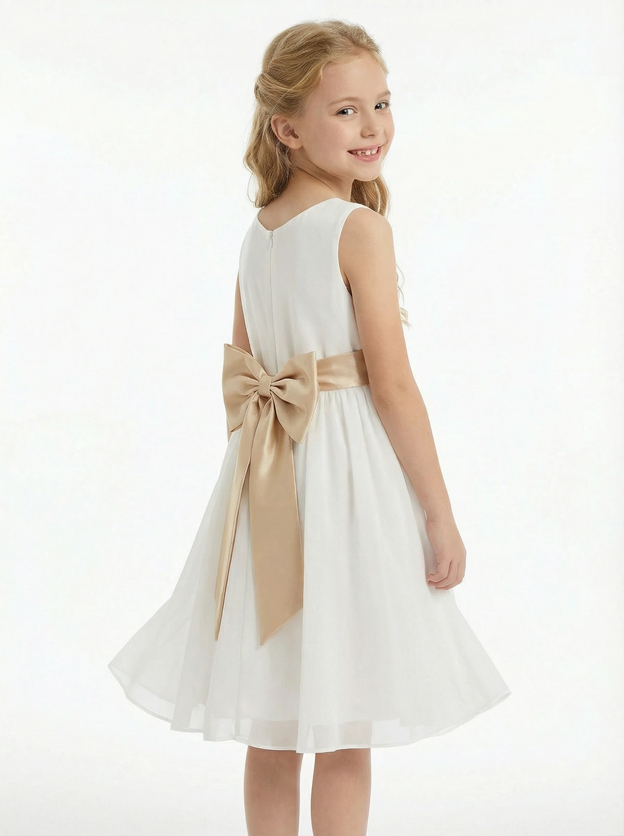 Sleeveless A Line Flower Girl Dress with Satin Waistband Soft Tulle Knee Length Skirt