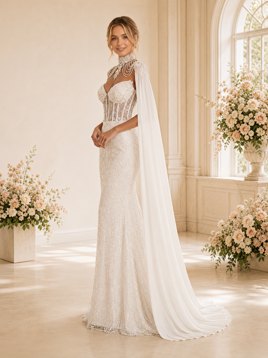 ChicSew Plunging High Neck Boning Chiffon Glitter Tulle Mermaid Wedding Dress With Beaded