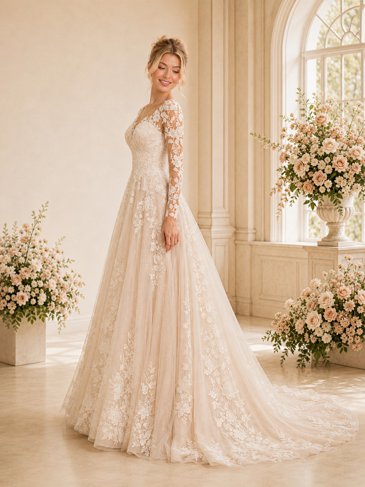 ChicSew Romantic Long Sleeves V-Neck Glitter Tulle Lace Appliques A-Line Wedding Dresses