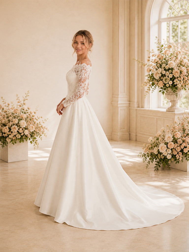 ChicSew Elegant Off Shoulder Lace Wedding Dress Classic A-Line Bridal Gown With 3/4 Sleeves And Train