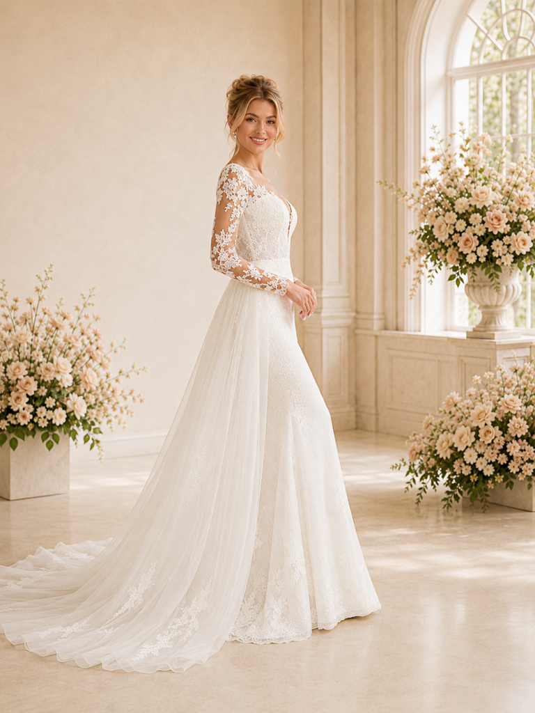 ChicSew Elegant V-Neck Long Sleeves Lace Open Back Mermaid Long Wedding Dress