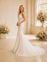 ChicSew Romantic Sleeveless Mermaid Lace Wedding Dress With Illusion Neck And Long Train
