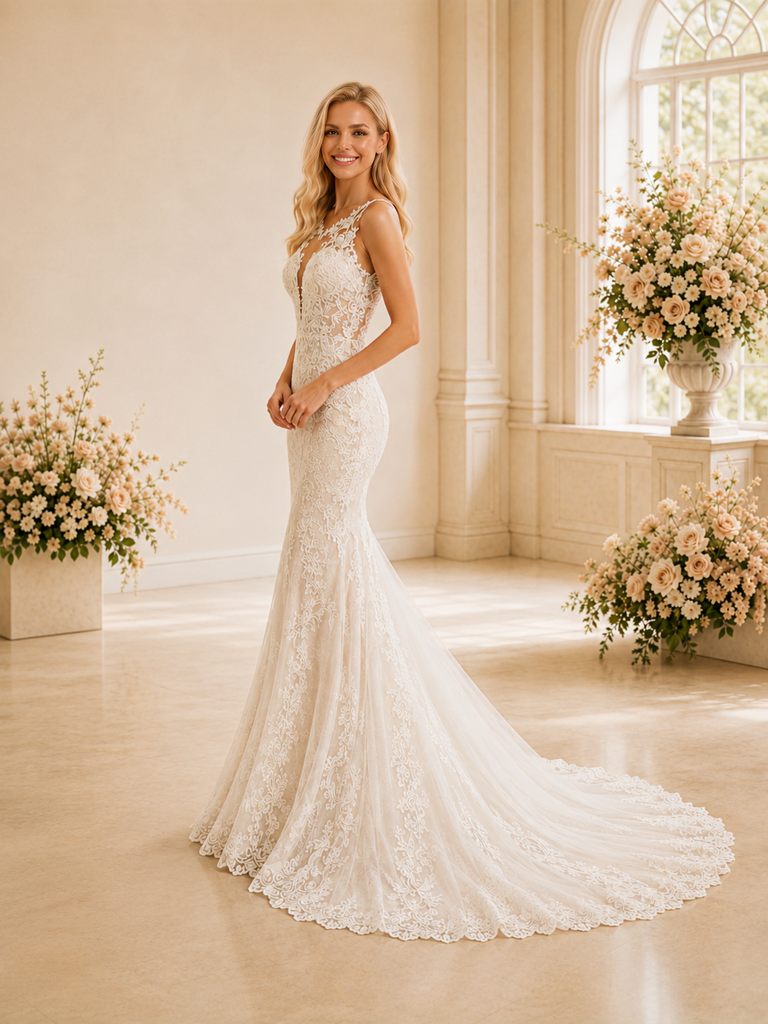 ChicSew Romantic Sleeveless Mermaid Lace Wedding Dress With Illusion Neck And Long Train