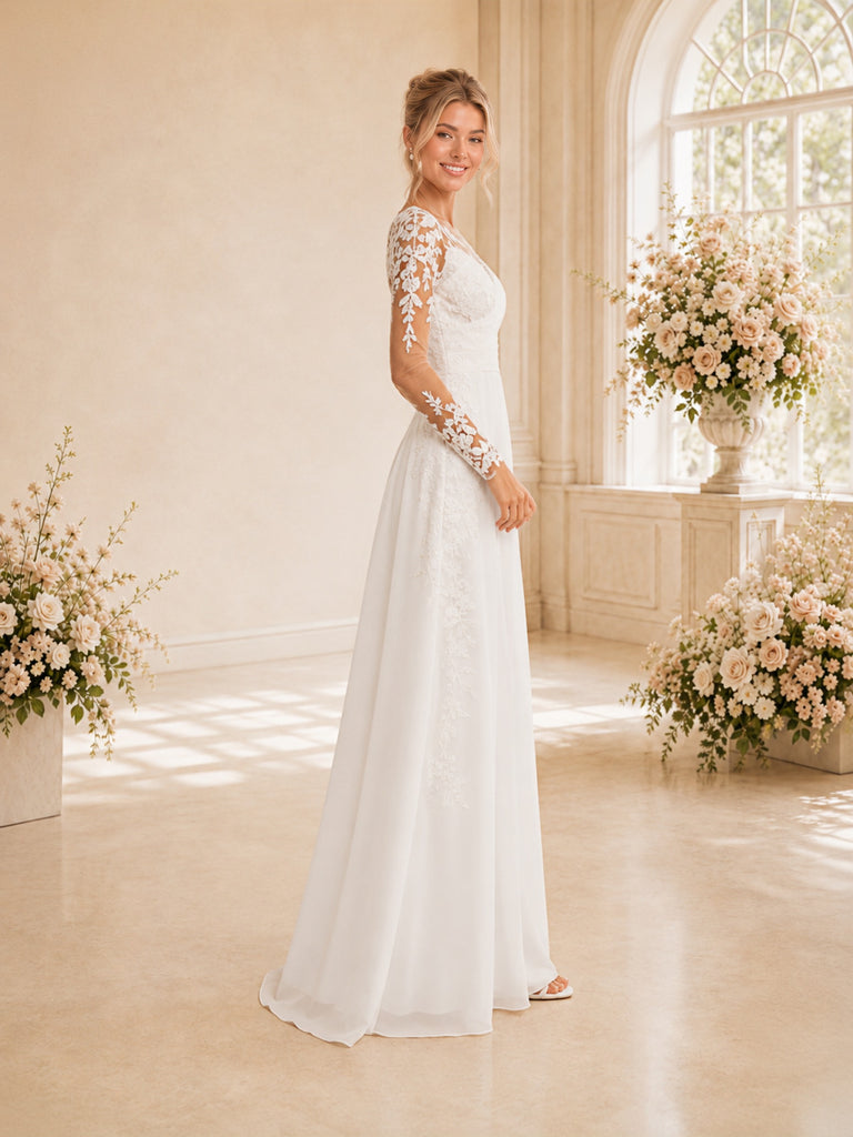 ChicSew Elegant Illusion Long Sleeves Lace Chiffon Long Wedding Jumpsuit