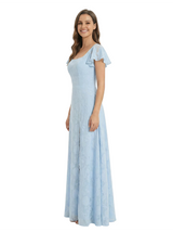 Elegant Flutter Sleeves Square Ruching Floral Burnout Chiffon A-line Formal Evening Dresses