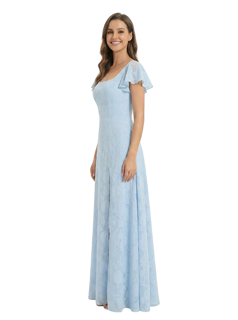 Elegant Flutter Sleeves Square Ruching Floral Burnout Chiffon A-line Formal Evening Dresses