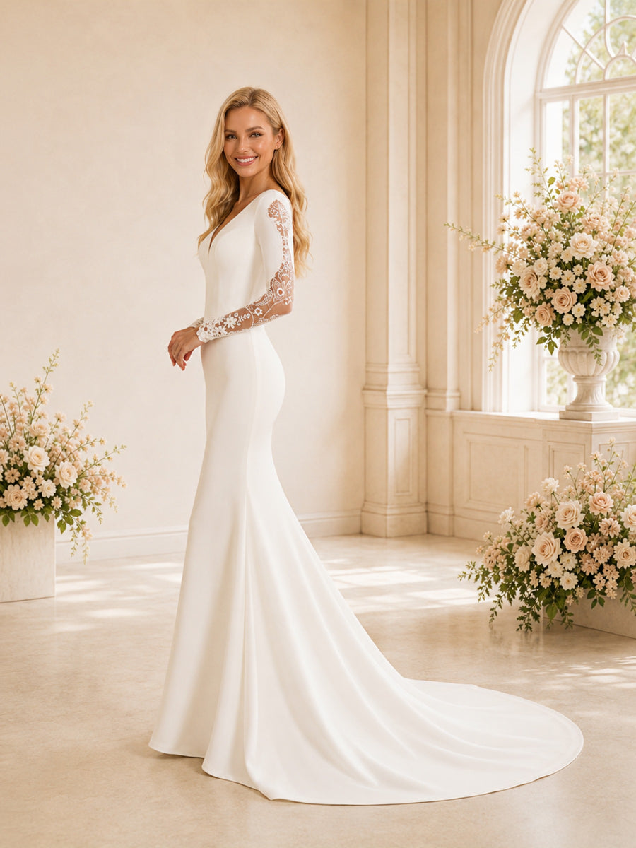ChicSew Elegant V-Neck Long Sleeve Crepe Mermaid Foor-Length Wedding Dress With Train