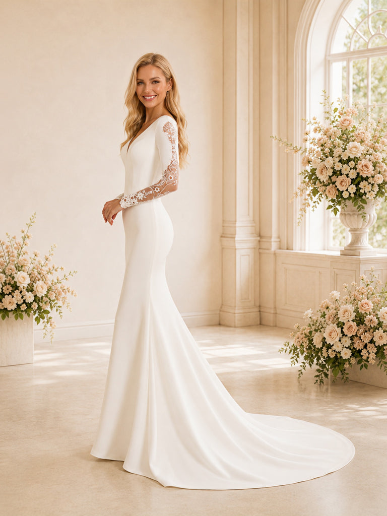 ChicSew Elegant V-Neck Long Sleeve Crepe Mermaid Foor-Length Wedding Dress With Train