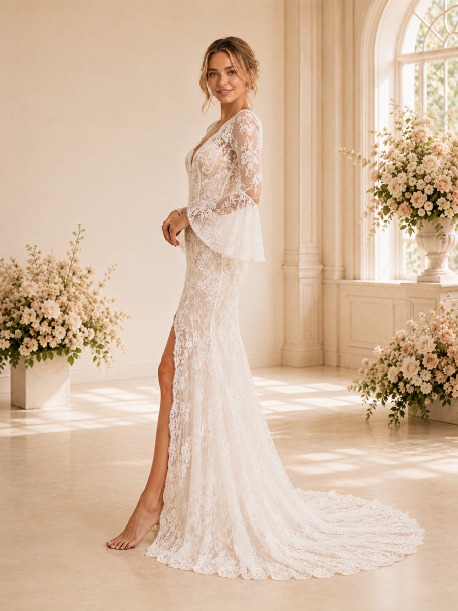 ChicSew Sexy Mermaid Long Sleeves V-Neck Long Wedding Dresses With Slit