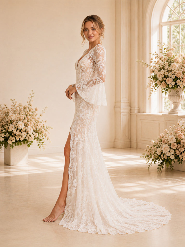 ChicSew Sexy Mermaid Long Sleeves V-Neck Long Wedding Dresses With Slit