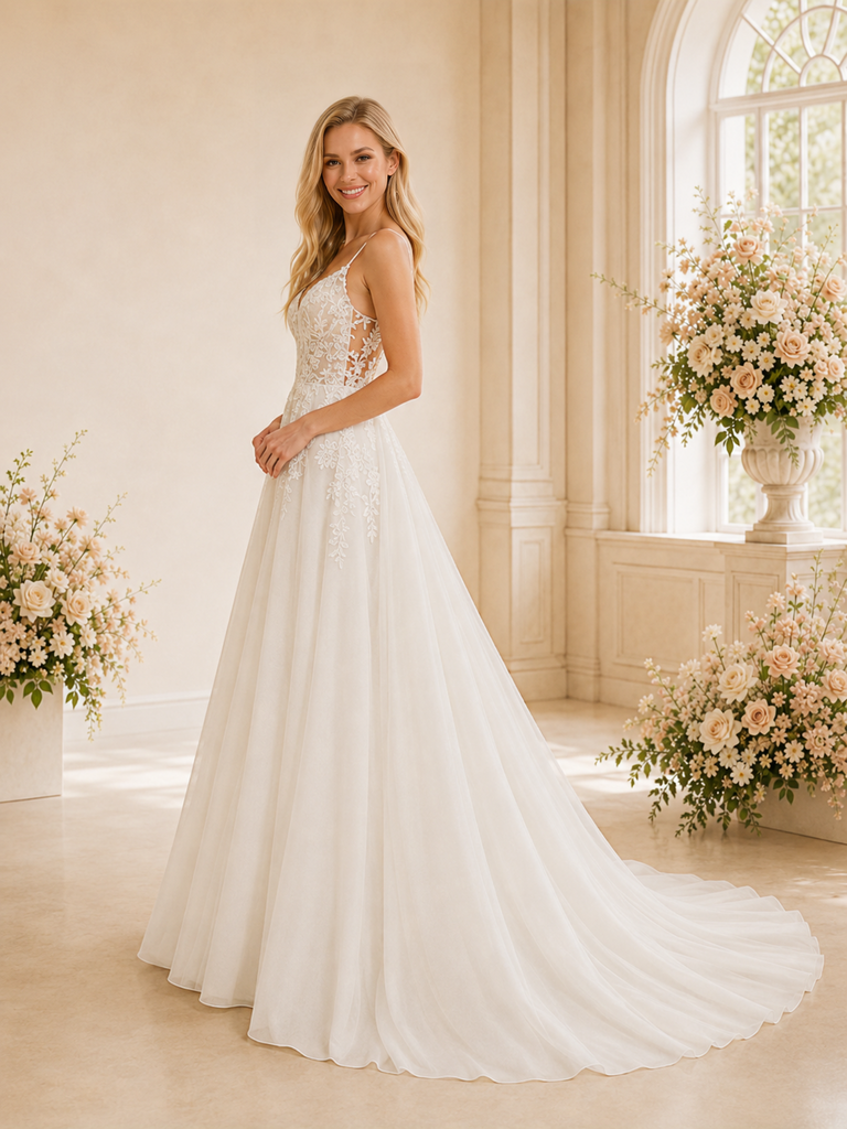 ChicSew Romantic Spaghetti Straps A-Line Boning Lace Tulle Long Wedding Dresses