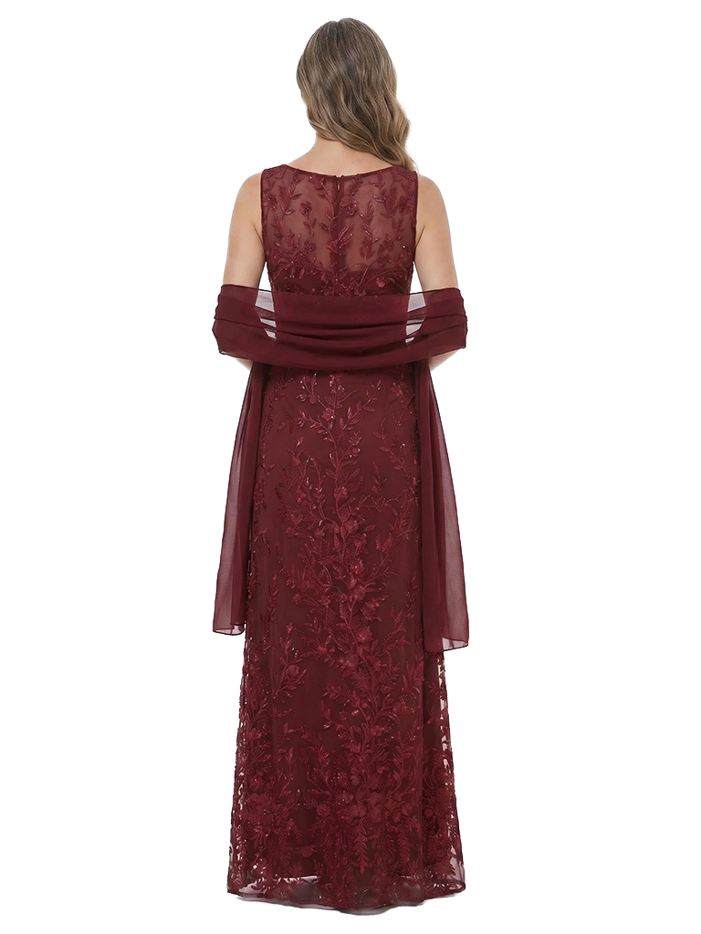 ChicSew Classy Sleeveless Round Neck Lace Applique A-Line Floor Length Mother Of The Groom Dress With Shawl