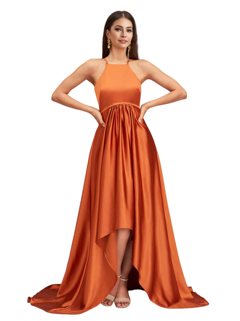Sexy Halter High Low A-Line Soft Satin Pretty Long Bridesmaid Dresses